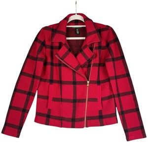 Lauren RALPH LAUREN Buffalo Plaid Window Pane Check Moto Zip Jacket Red Size S